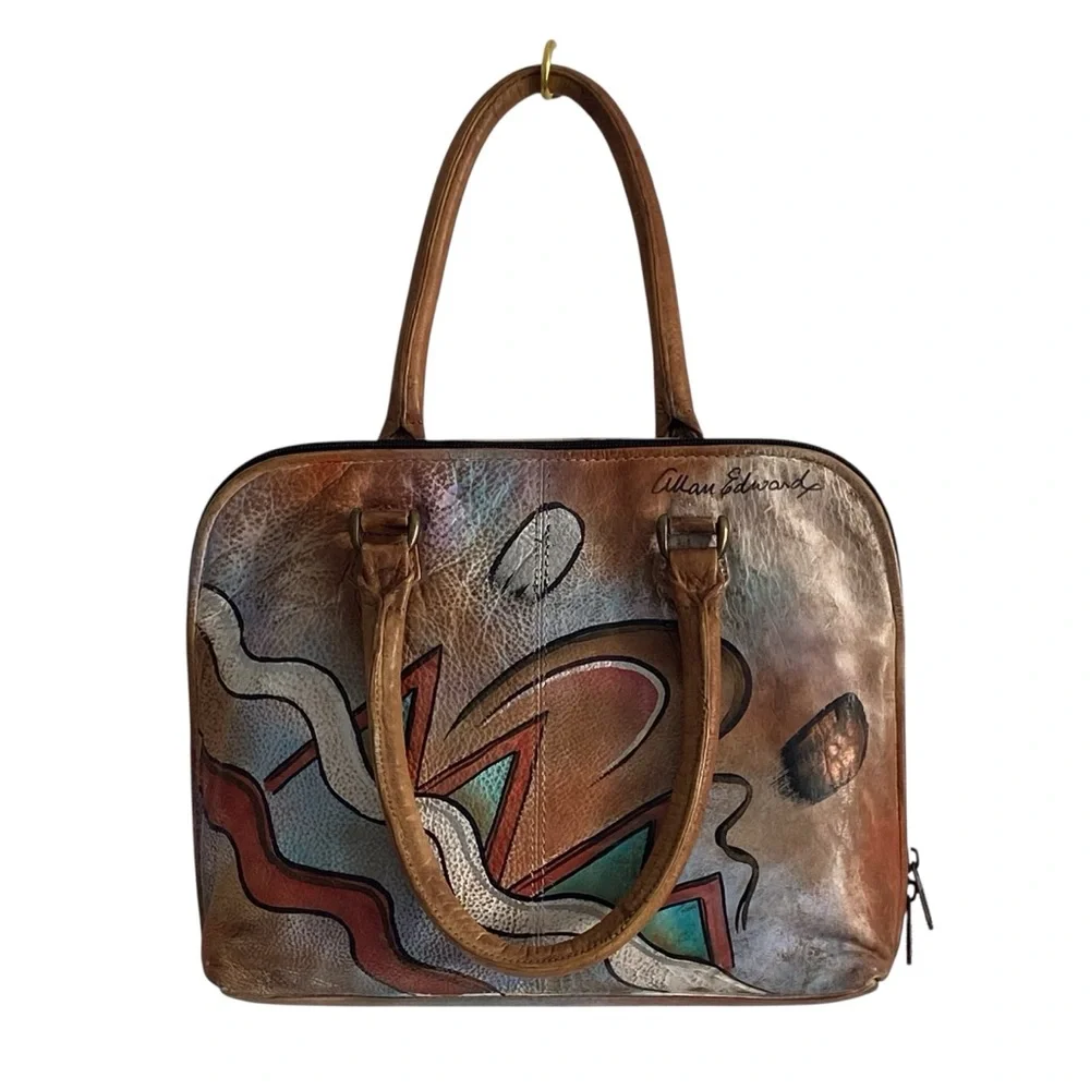 Allan Edward Hand Painted Leather Abstract Double- Handled Satchel Shoulder Bag